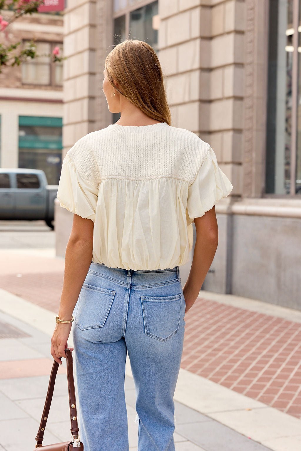 Bubble Hem Short Sleeve Top - Ivory - Image 7