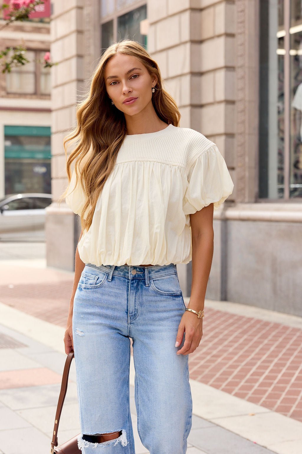 Bubble Hem Short Sleeve Top - Ivory - Image 3