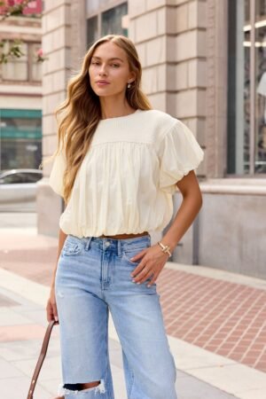 Bubble Hem Short Sleeve Top - Ivory