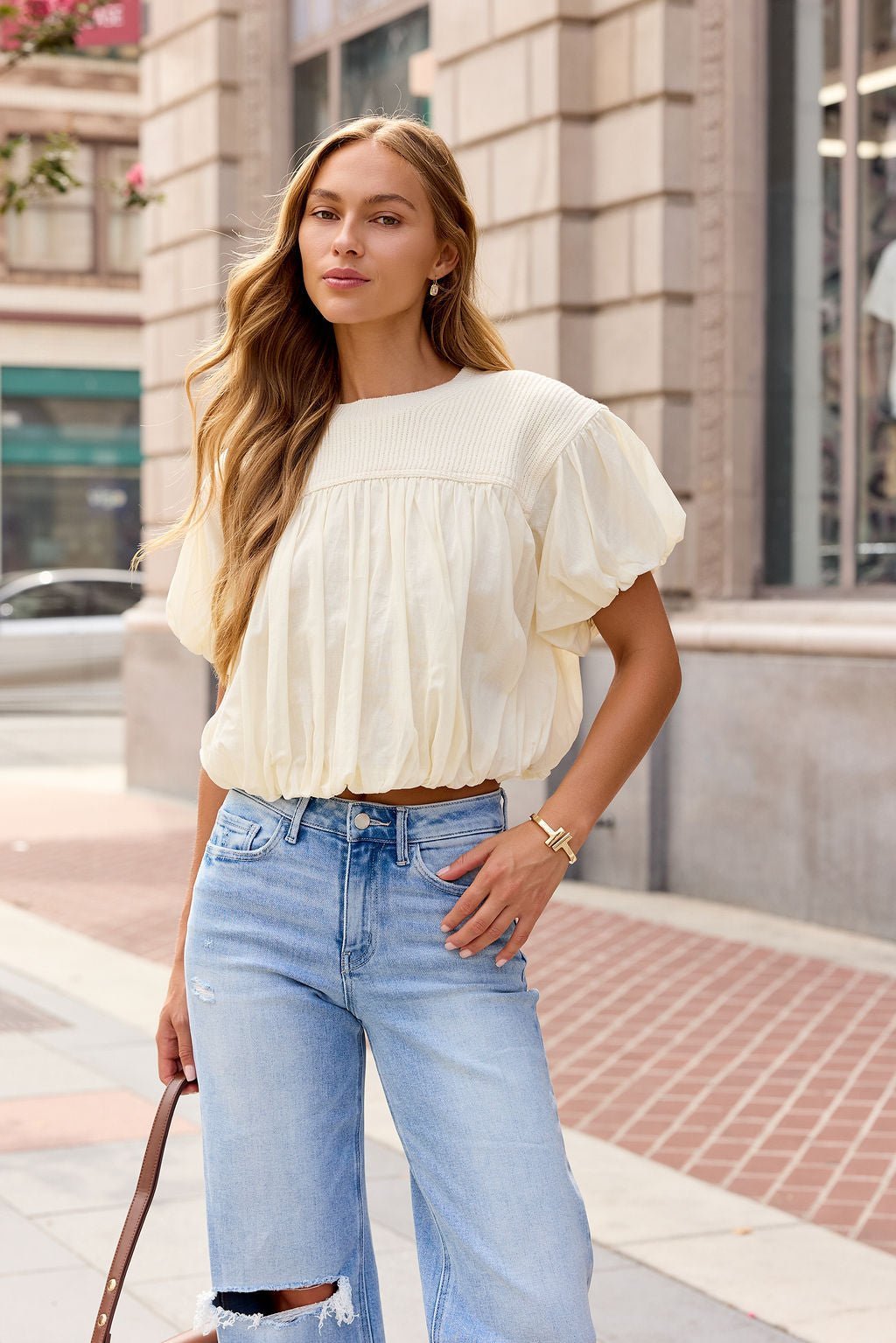 Bubble Hem Short Sleeve Top - Ivory