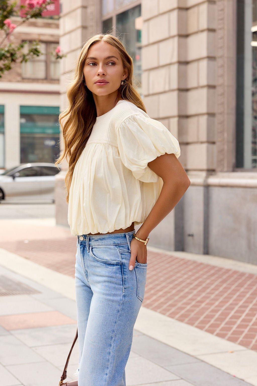 Bubble Hem Short Sleeve Top - Ivory - Image 5