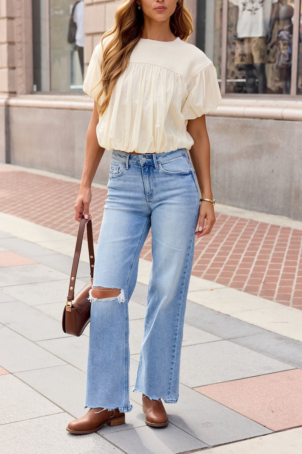 Bubble Hem Short Sleeve Top - Ivory - Image 6