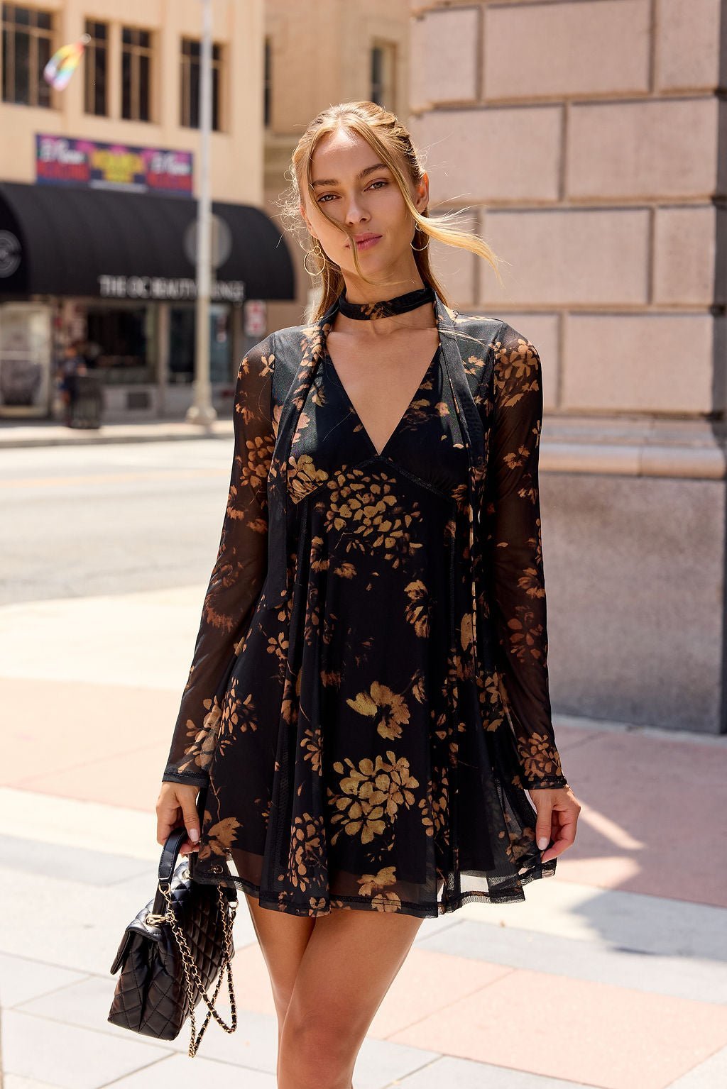 Camellia Floral Mesh Mini Dress - Black - Image 5