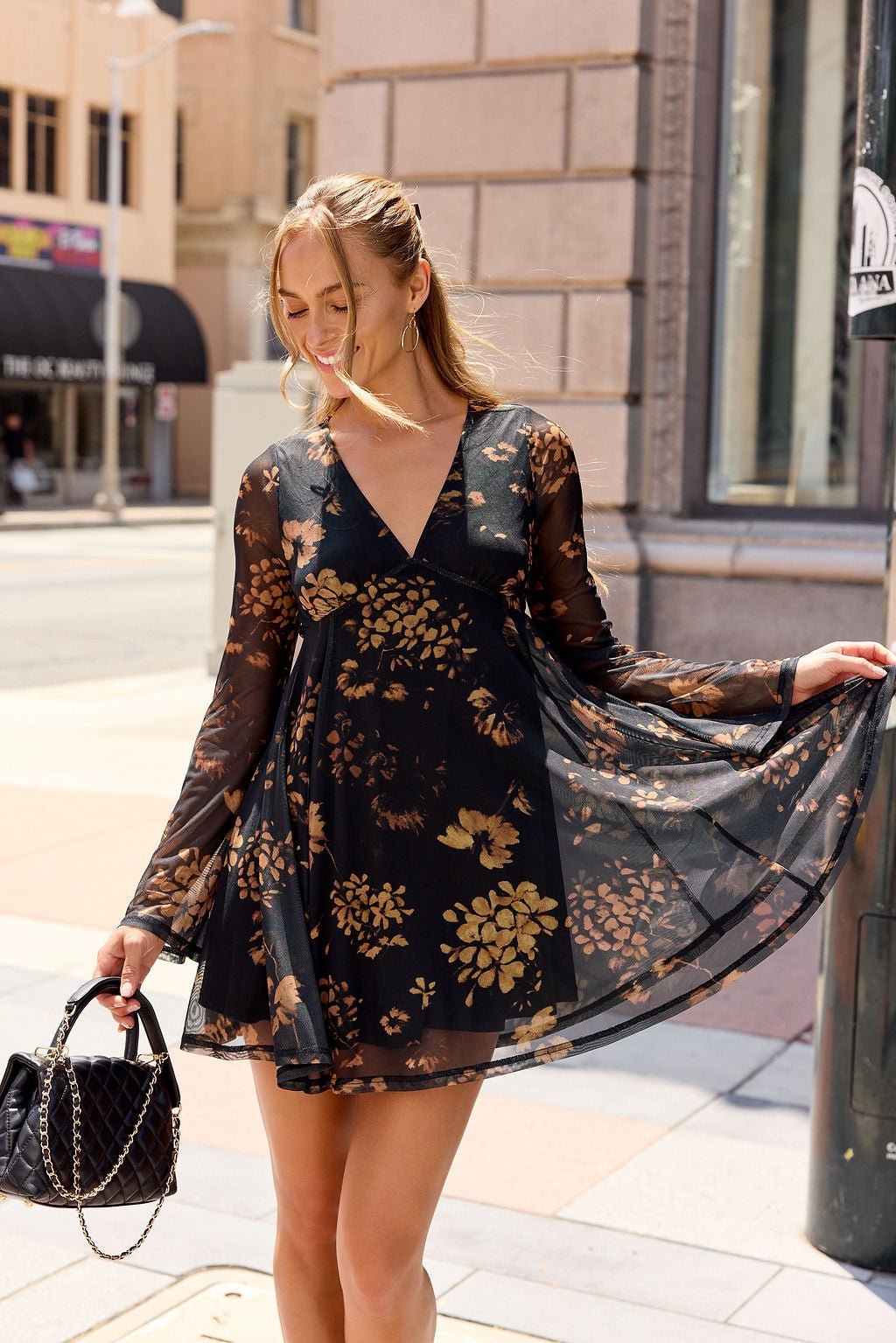 Camellia Floral Mesh Mini Dress - Black - Image 9