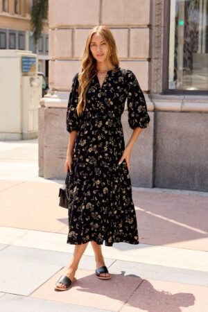 Ember Floral Midi Dress - Black