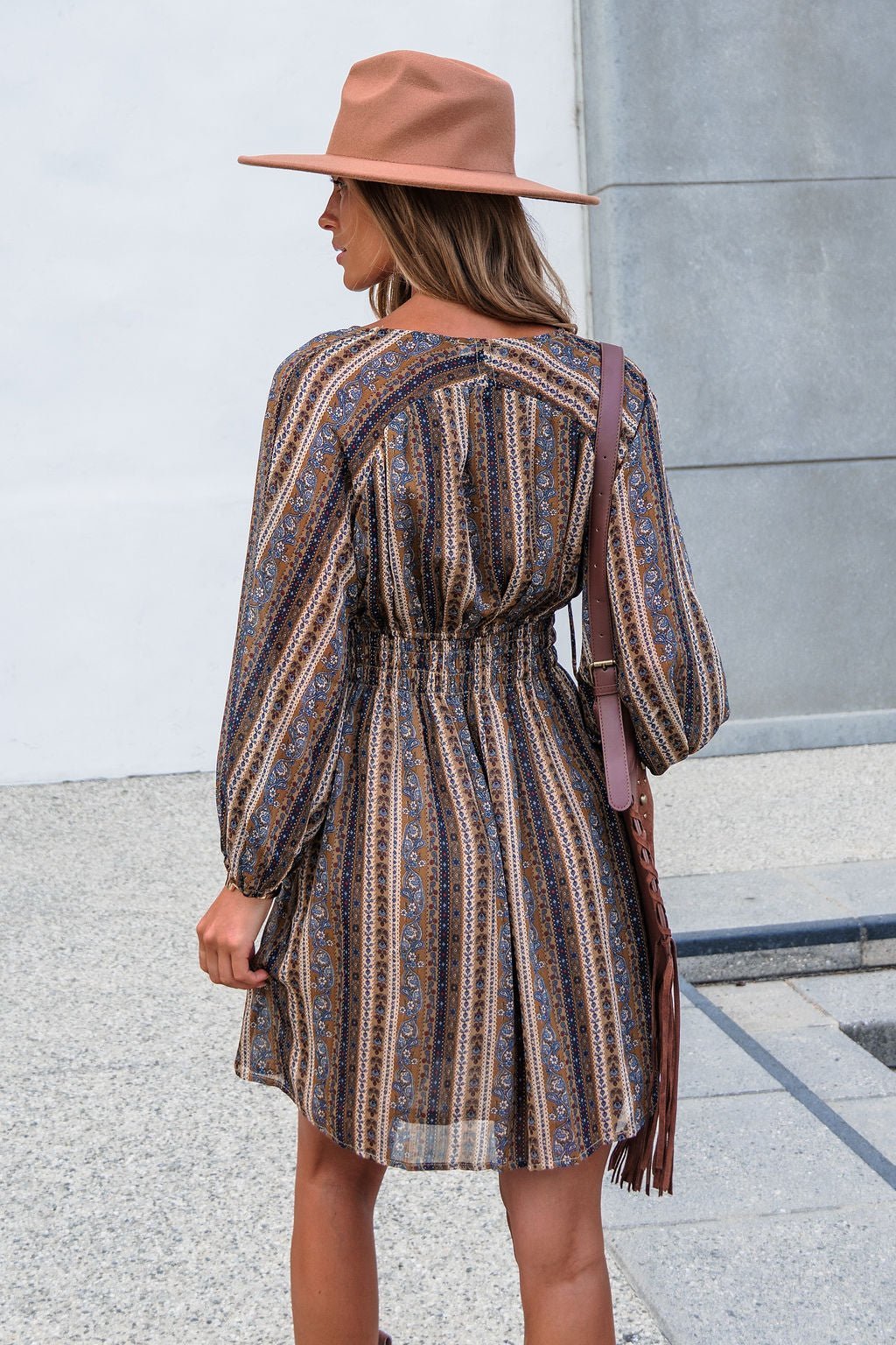Genevieve Floral Striped Mini Dress — Mocha - Image 8