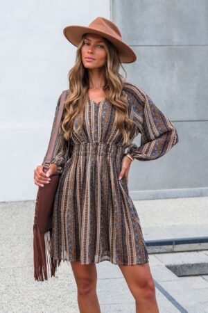 Genevieve Floral Striped Mini Dress — Mocha