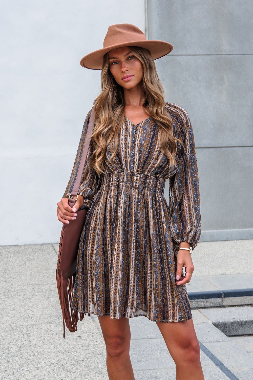 Genevieve Floral Striped Mini Dress — Mocha - Image 4