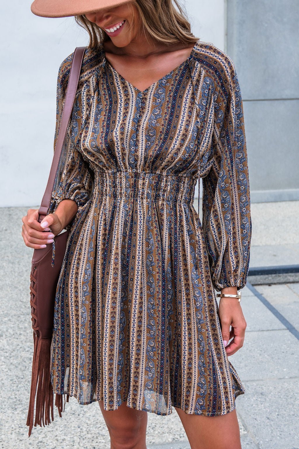 Genevieve Floral Striped Mini Dress — Mocha - Image 7