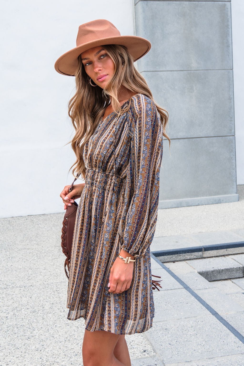 Genevieve Floral Striped Mini Dress — Mocha - Image 5