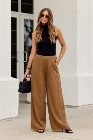 Power Pleated Wide Leg Pants - Camel