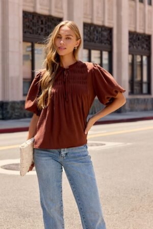 Puff Sleeve Tie Front Top - Brown
