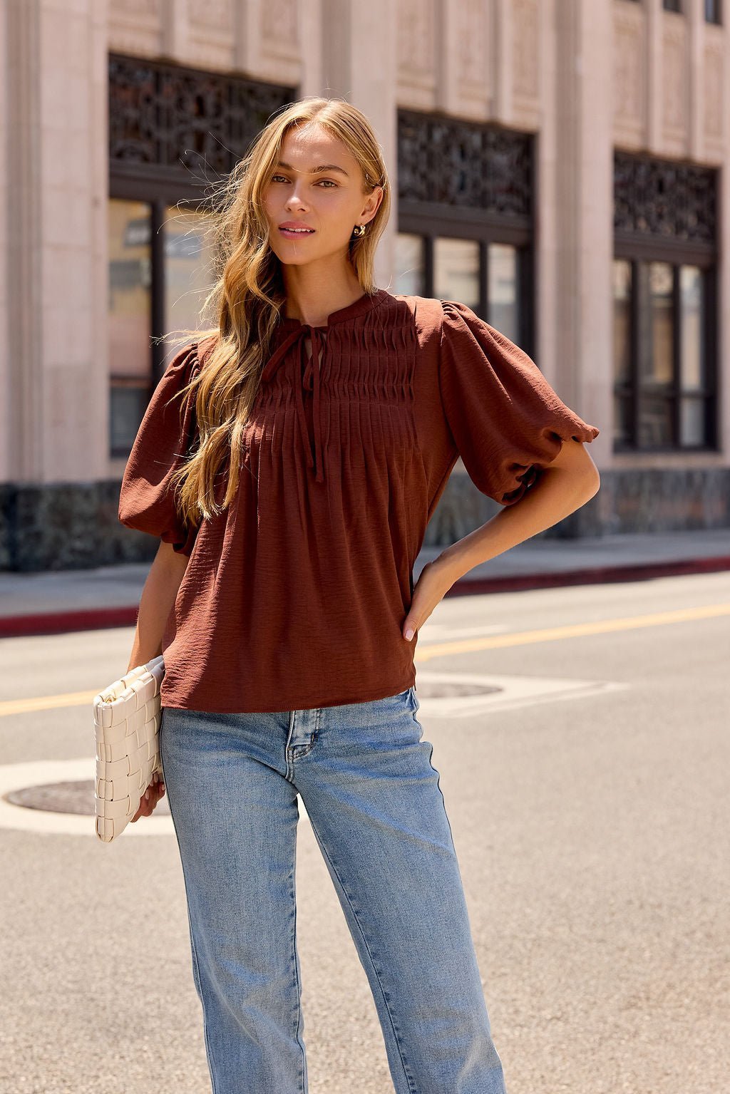 Puff Sleeve Tie Front Top - Brown