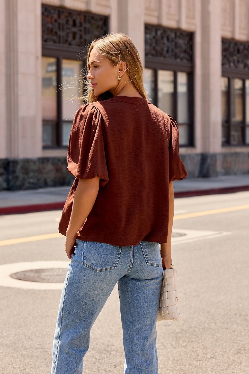 Puff Sleeve Tie Front Top - Brown - Image 8