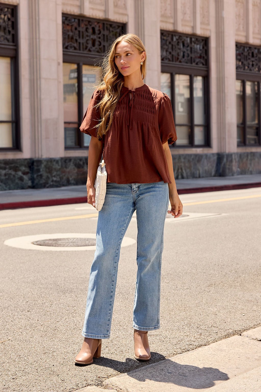 Puff Sleeve Tie Front Top - Brown - Image 5