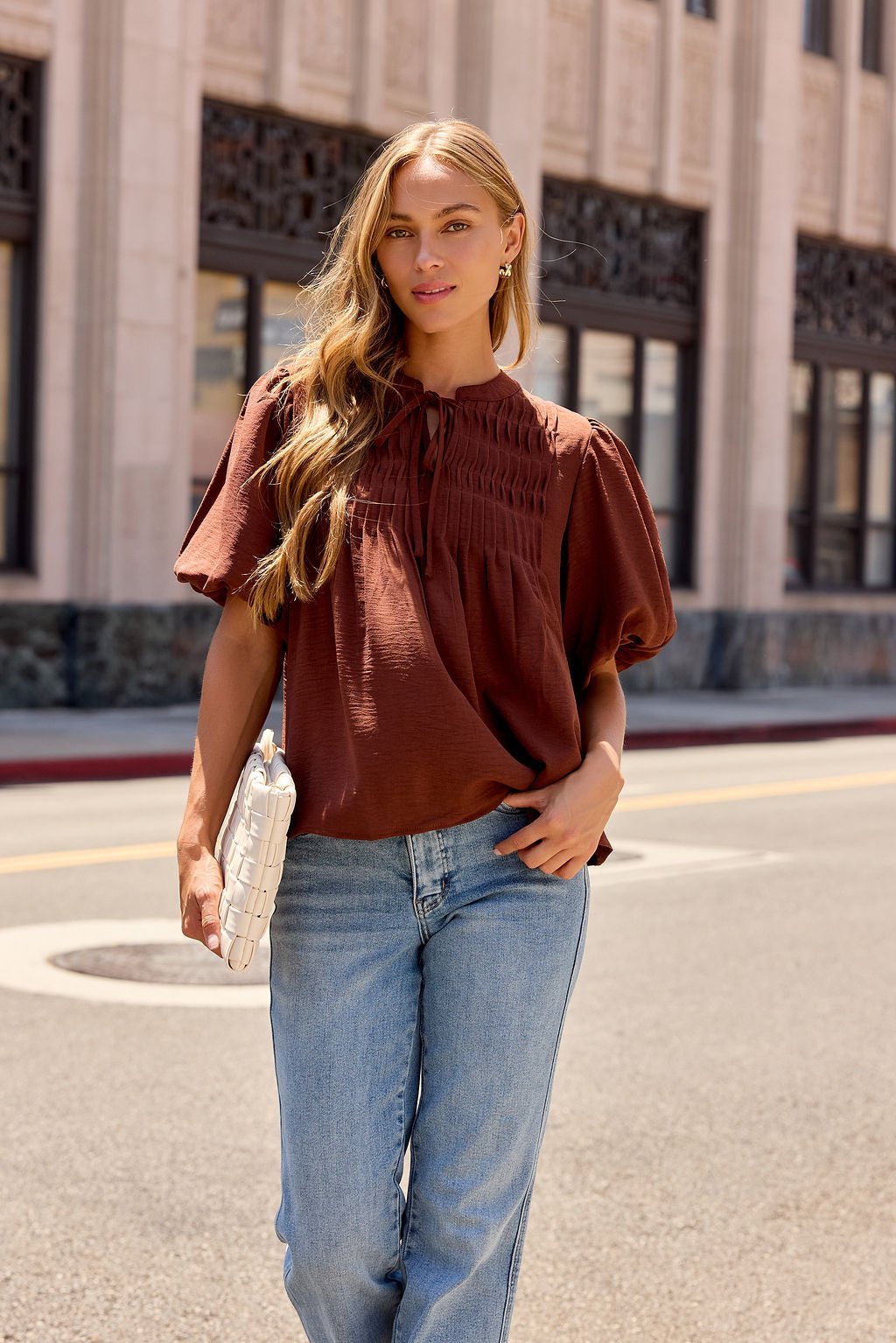 Puff Sleeve Tie Front Top - Brown - Image 3