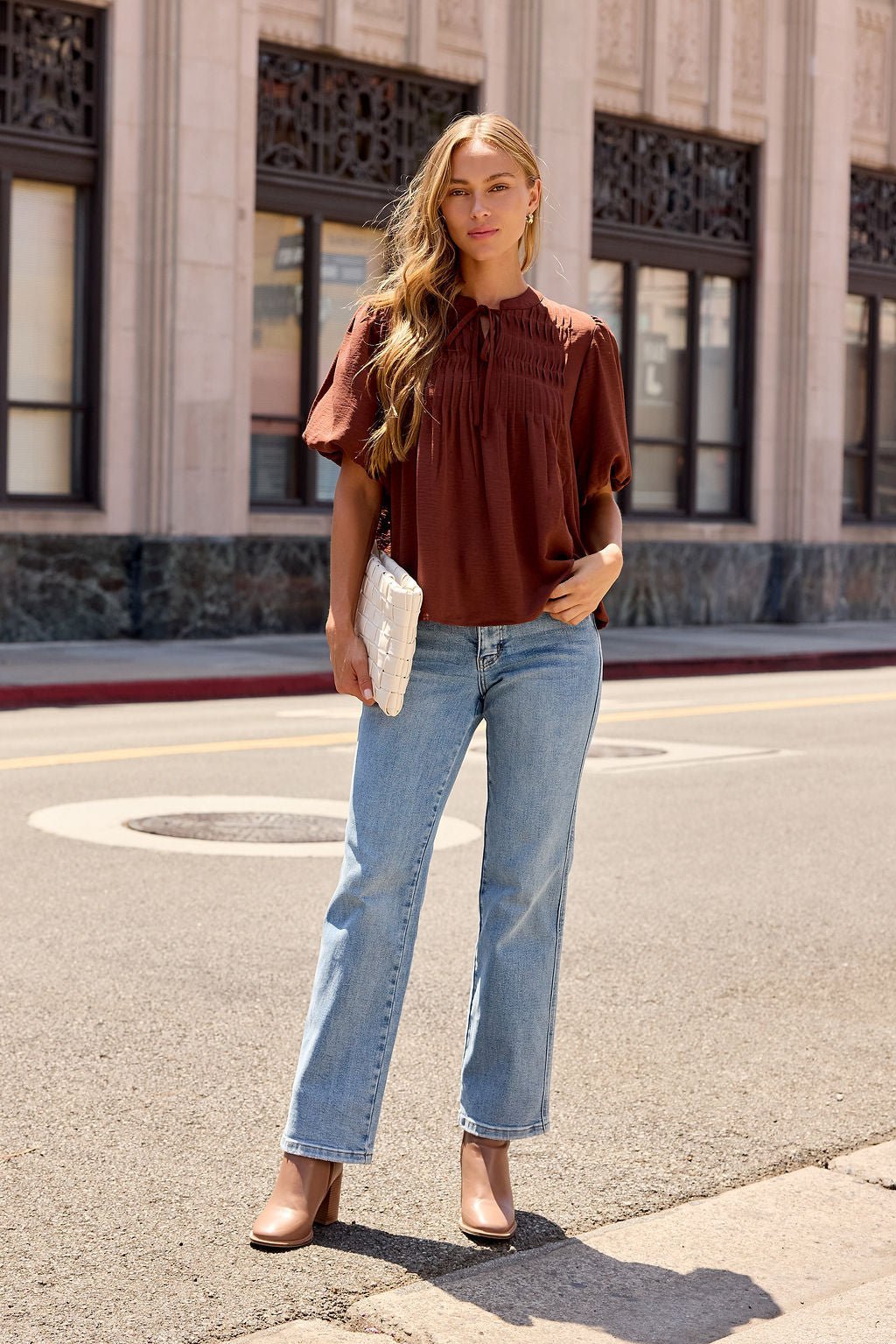 Puff Sleeve Tie Front Top - Brown - Image 2