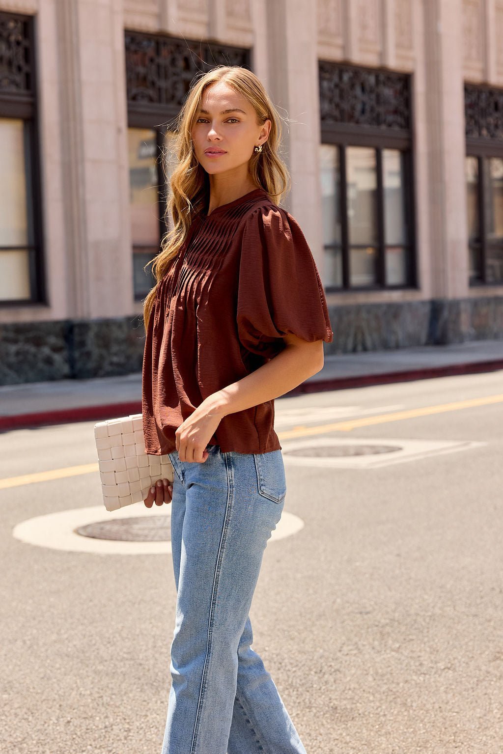 Puff Sleeve Tie Front Top - Brown - Image 6