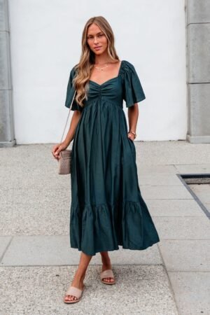 Rosalind Sweetheart Smocked Midi Dress — Green