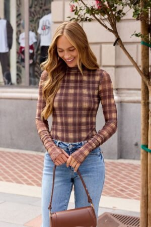 Ruched Plaid Mesh Bodysuit - Brown