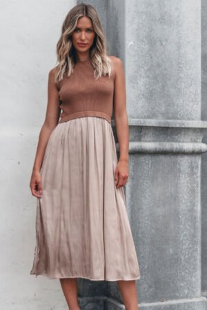 Sleeveless Half Sweater and Satin Skirt Midi Dress - Mocha