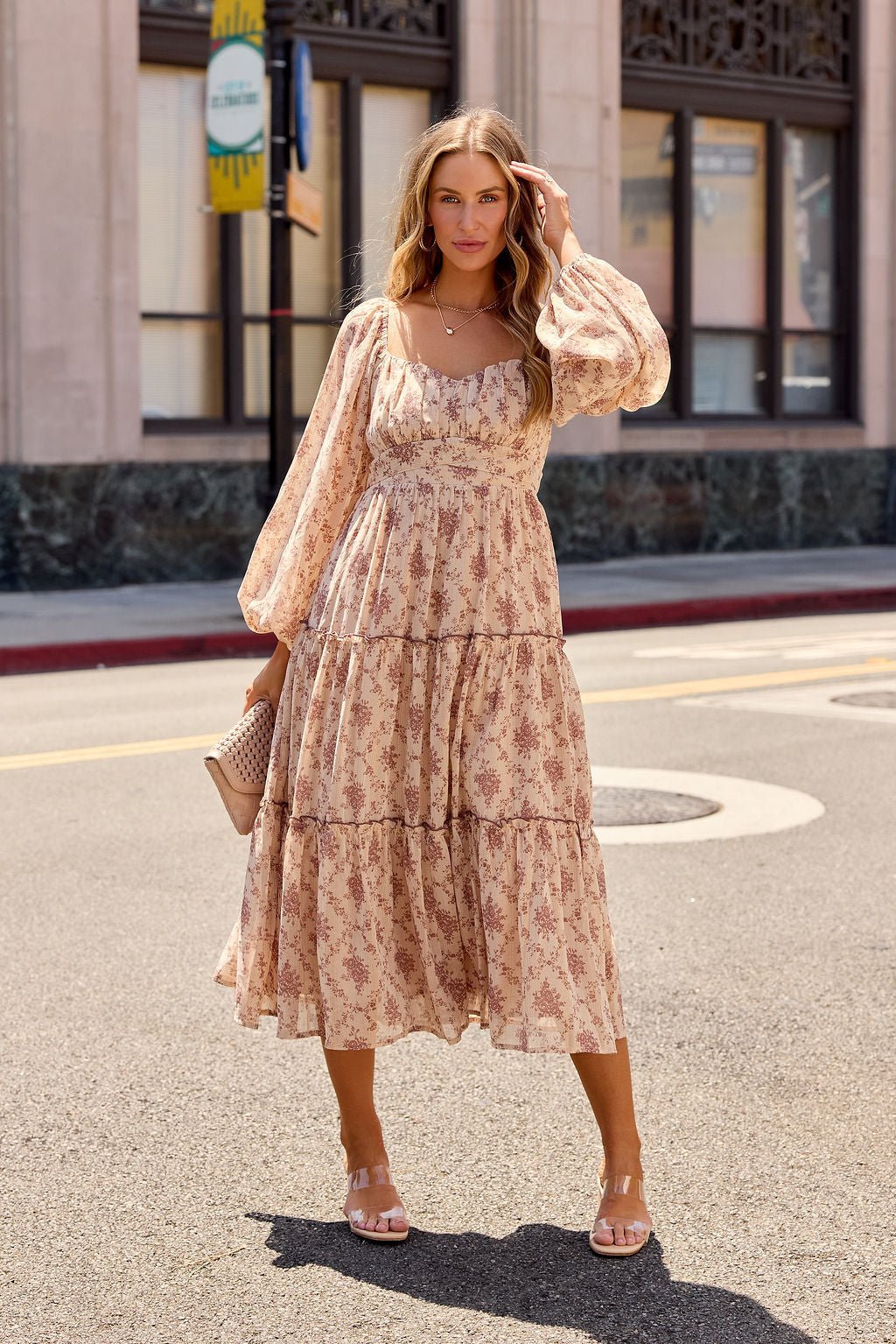 Sweetheart Floral Print Midi Dress - Sand - Image 4
