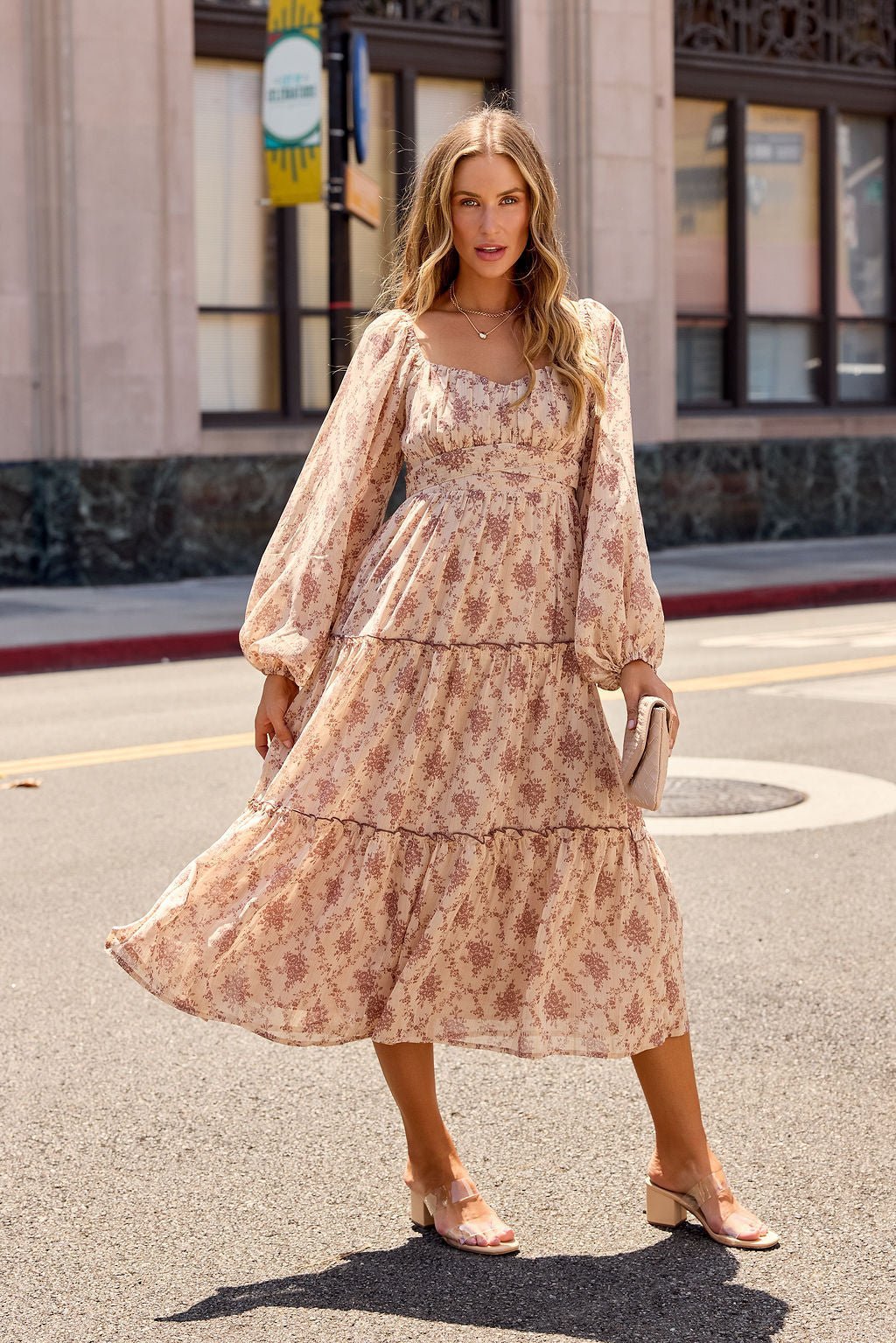 Sweetheart Floral Print Midi Dress - Sand - Image 2